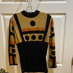 True Vintage Union Made Rib Waist Geometric Top Zip Back Long Sleeve